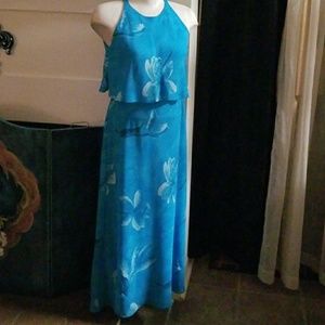 Gorgeous Teal blue flowered Sleeveless Dress with top overlay Maggie London Sz 6